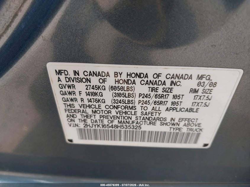 2008 Honda Ridgeline Rtl VIN: 2HJYK16548H535325 Lot: 45576399