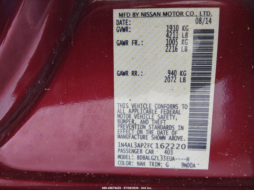 2015 NISSAN ALTIMA SEDAN 2.5L I-4 DOHC, VVT, 182HP