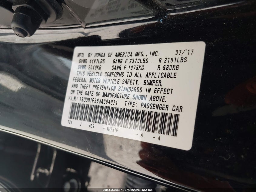 2018 Acura Tlx VIN: 19UUB1F38JA004071 Lot: 45576437