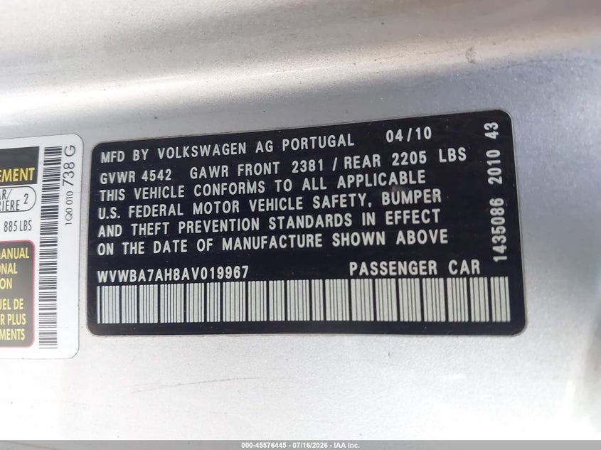 2010 Volkswagen Eos Komfort VIN: WVWBA7AH8AV019967 Lot: 45576445