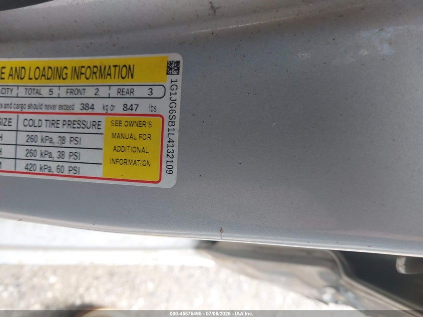 2020 Chevrolet Sonic Fwd 1Fl 5-Door VIN: 1G1JG6SB1L4132109 Lot: 45576495