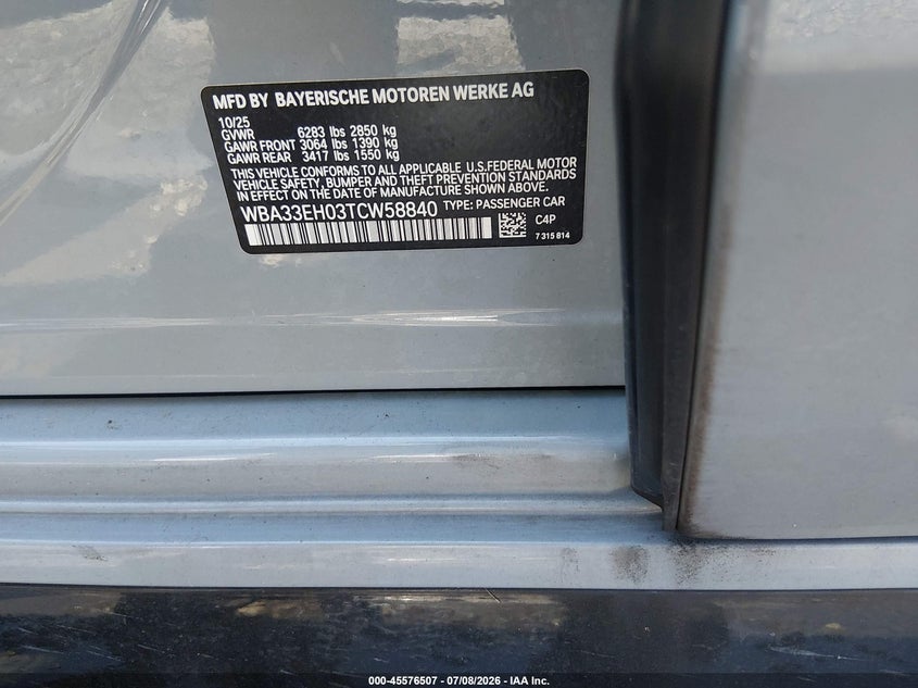 2026 BMW 740I xDrive VIN: WBA33EH03TCW58840 Lot: 45576507