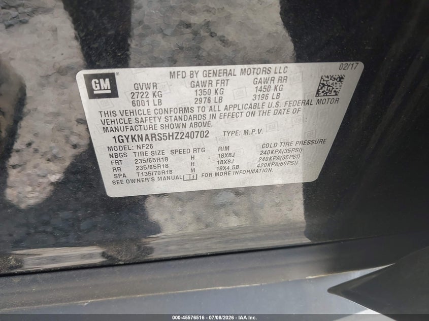 2017 Cadillac Xt5 Standard VIN: 1GYKNARS5HZ240702 Lot: 45576516