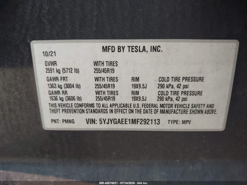 2021 Tesla Model Y Long Range Dual Motor All-Wheel Drive VIN: 5YJYGAEE1MF292113 Lot: 45576521
