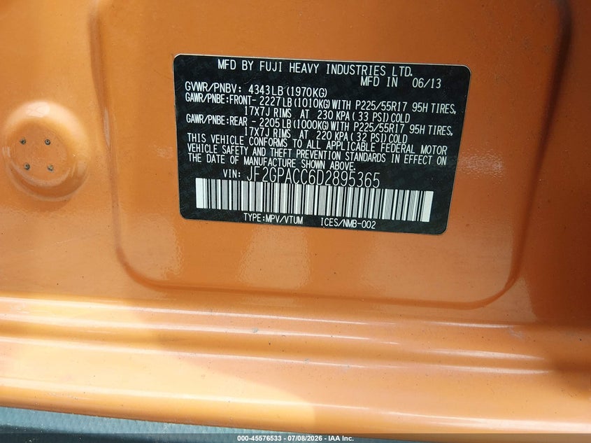 2013 Subaru Xv Crosstrek 2.0I Premium VIN: JF2GPACC6D2895365 Lot: 45576533