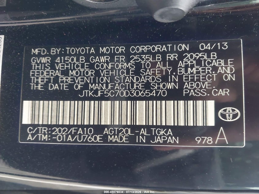 2013 Scion Tc VIN: JTKJF5C70D3065470 Lot: 45576534