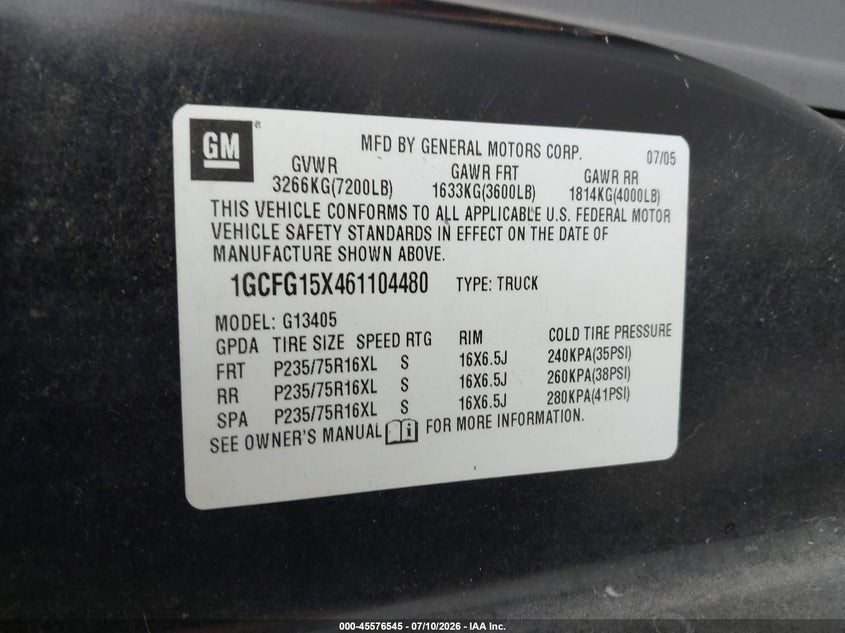 2006 Chevrolet Express Work Van VIN: 1GCFG15X461104480 Lot: 45576545