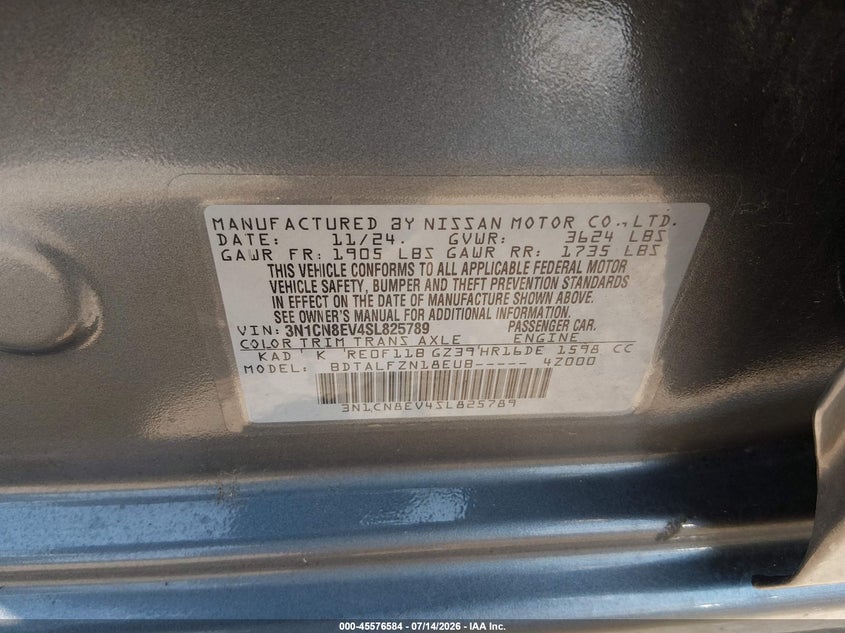 2025 Nissan Versa 1.6 Sv VIN: 3N1CN8EV4SL825789 Lot: 45576584