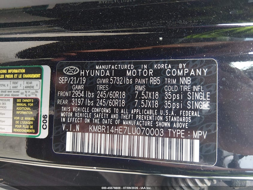 2020 Hyundai Palisade Se VIN: KM8R14HE7LU070003 Lot: 45576608