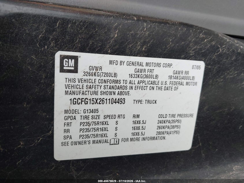 2006 Chevrolet Express Work Van VIN: 1GCFG15X261104493 Lot: 45576629