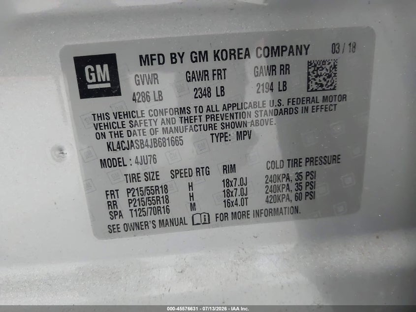 2018 Buick Encore Preferred VIN: KL4CJASB4JB681665 Lot: 45576631