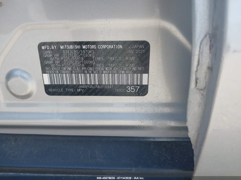 2021 Mitsubishi Outlander Sport 2.0 Be 2Wd/2.0 Es 2Wd/2.0 Le 2Wd/2.0 S 2Wd VIN: JA4APUAU7MU016441 Lot: 45576636
