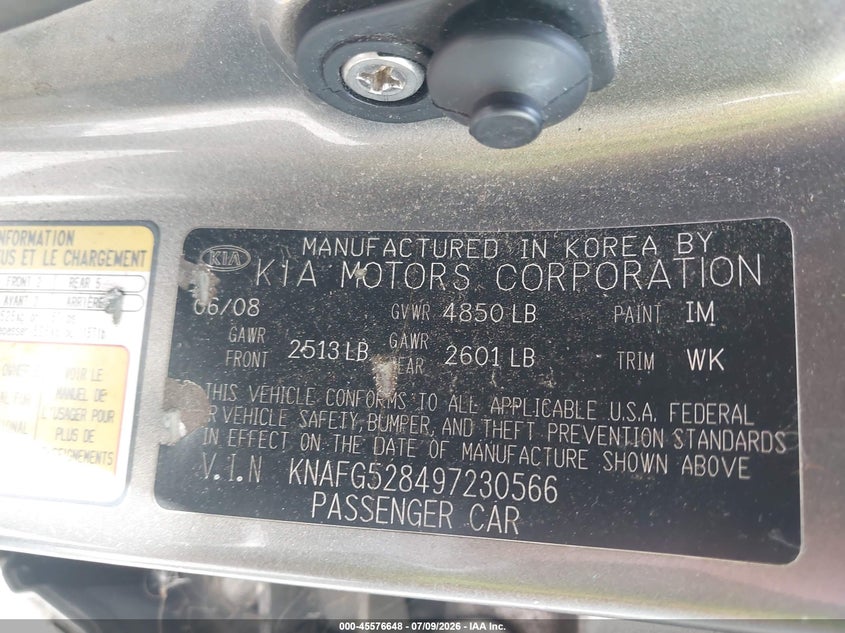 2009 Kia Rondo Lx VIN: KNAFG528497230566 Lot: 45576648