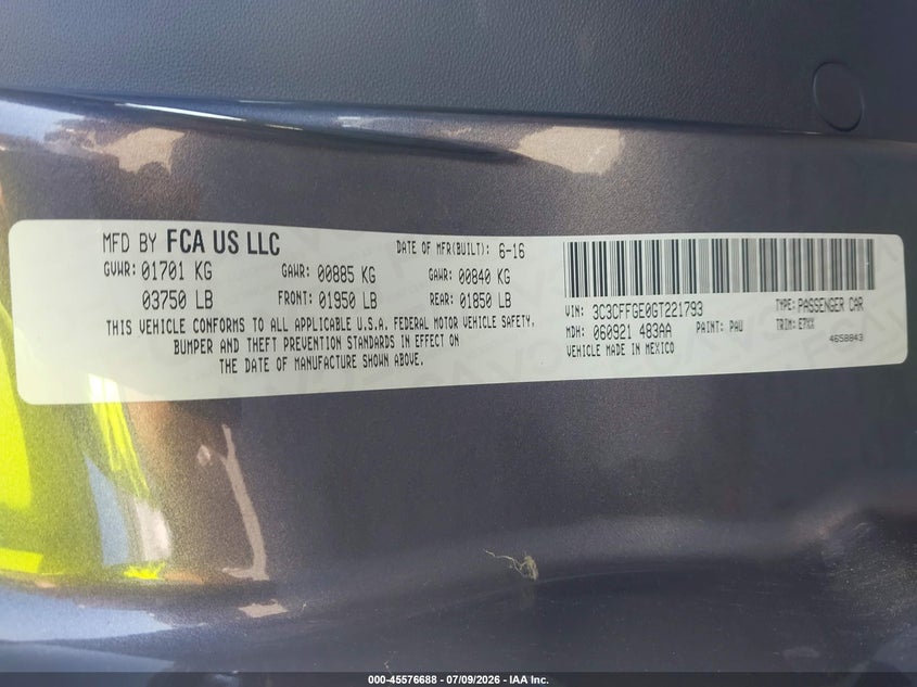2016 Fiat 500E Battery Electric VIN: 3C3CFFGE0GT221793 Lot: 45576688