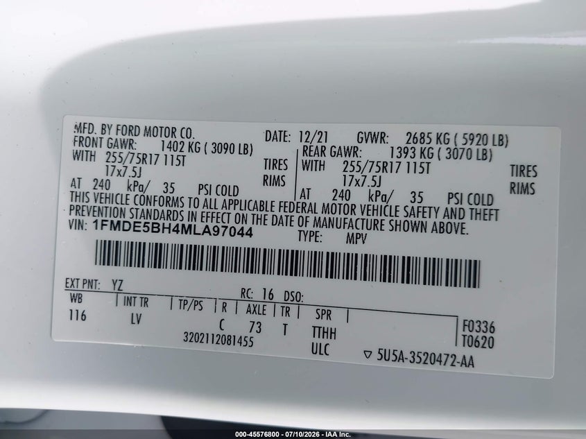 2021 Ford Bronco Big Bend VIN: 1FMDE5BH4MLA97044 Lot: 45576800