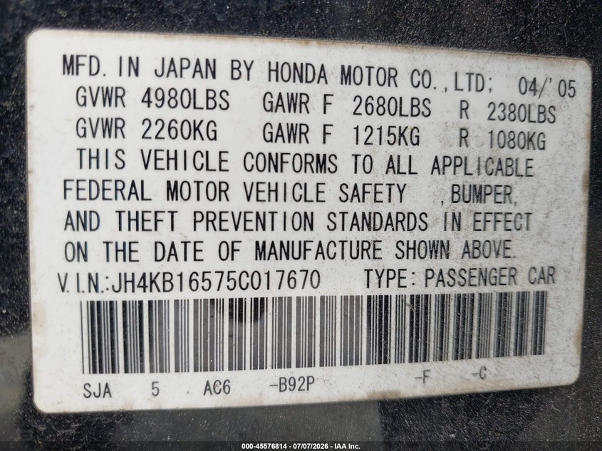 2005 Acura Rl 3.5 VIN: JH4KB16575C017670 Lot: 45576814