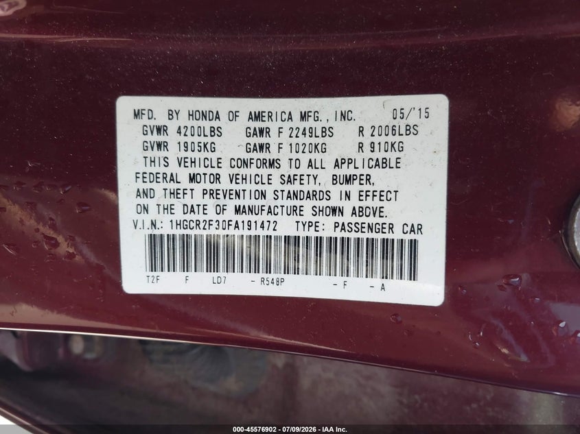 HONDA ACCORD 2015 VIN 1HGCR2F30FA191472