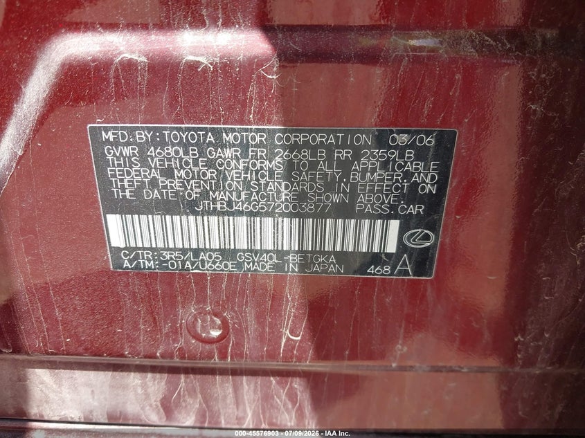 LEXUS ES 350 2007 VIN JTHBJ46G572003877