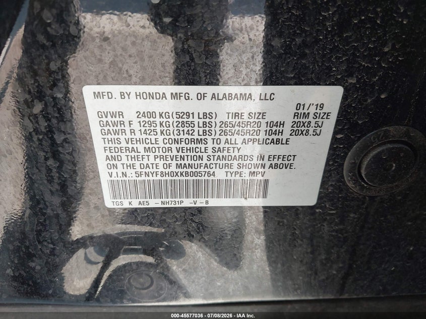2019 Honda Passport Elite VIN: 5FNYF8H0XKB005764 Lot: 45577036