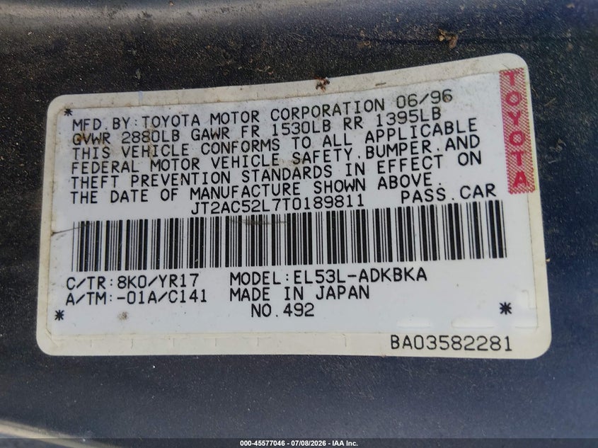 1996 Toyota Tercel Std/Dx VIN: JT2AC52L7T0189811 Lot: 45577046