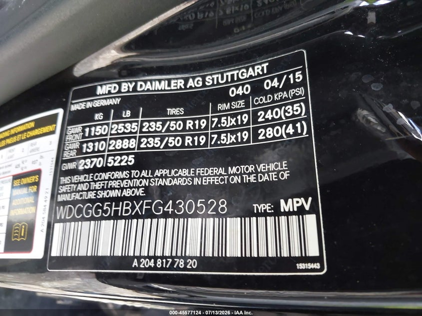 2015 Mercedes-Benz Glk 350 VIN: WDCGG5HBXFG430528 Lot: 45577124