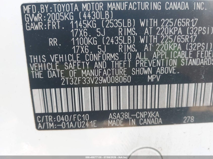TOYOTA RAV4 2009 VIN 2T3ZF33V29W008060