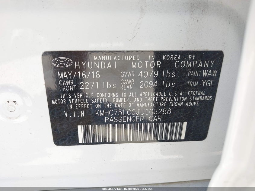2018 Hyundai Ioniq Hybrid Sel VIN: KMHC75LC0JU103288 Lot: 45577149