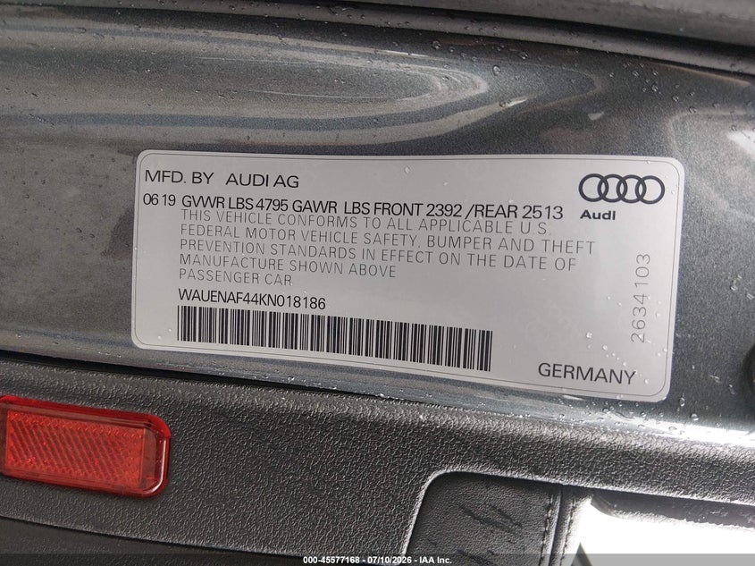 2019 Audi A4 45 Premium VIN: WAUENAF44KN018186 Lot: 45577168
