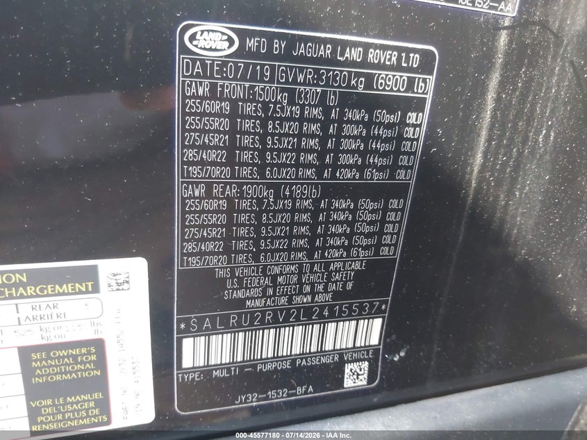 2020 Land Rover Discovery Landmark Edition VIN: SALRU2RV2L2415537 Lot: 45577180