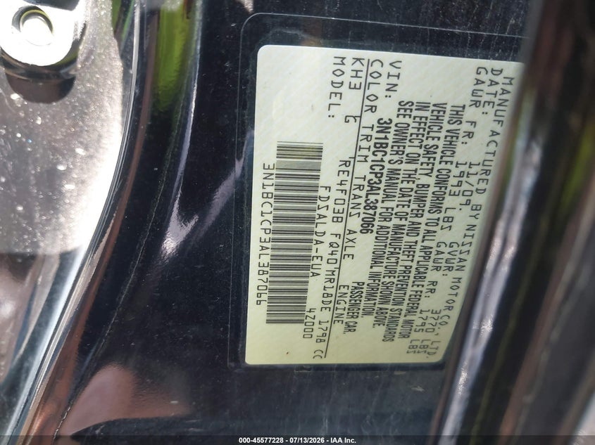NISSAN VERSA 2010 VIN 3N1BC1CP3AL387066