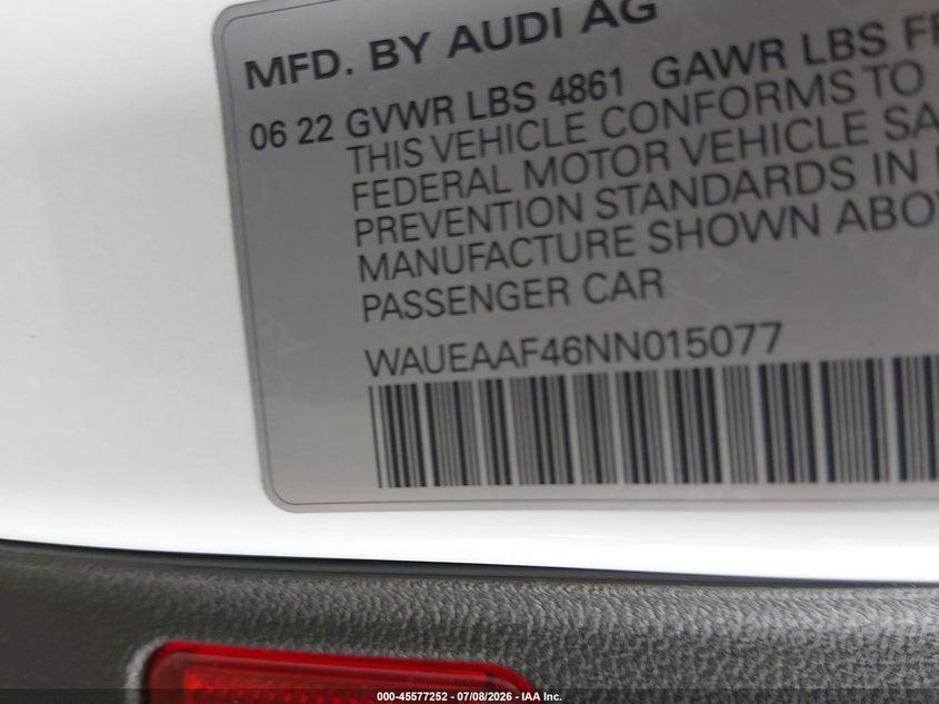 AUDI A4 2022 VIN WAUEAAF46NN015077