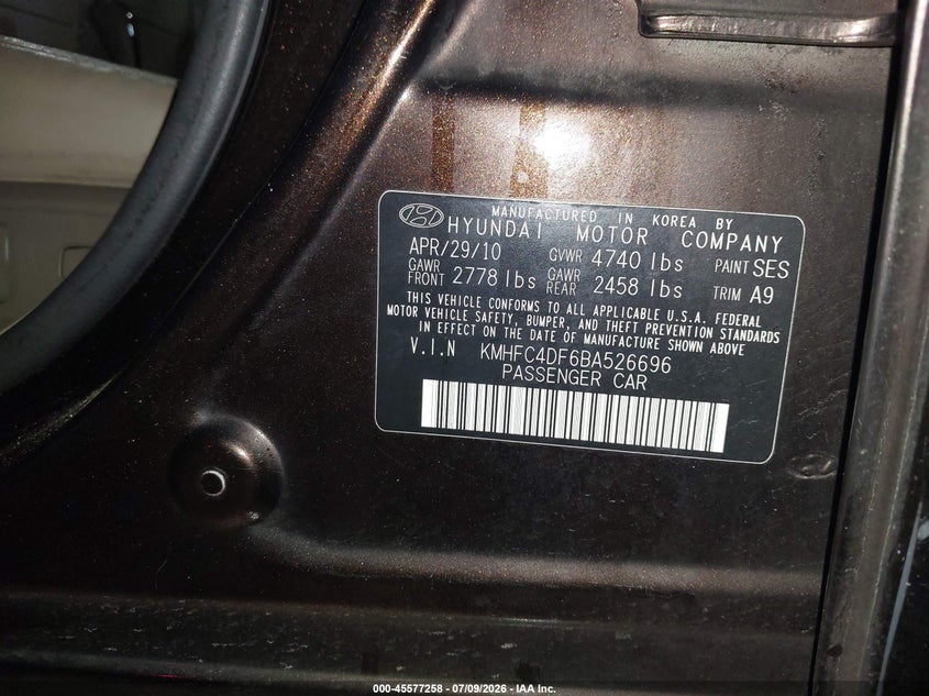 2011 Hyundai Azera Limited VIN: KMHFC4DF6BA526696 Lot: 45577258