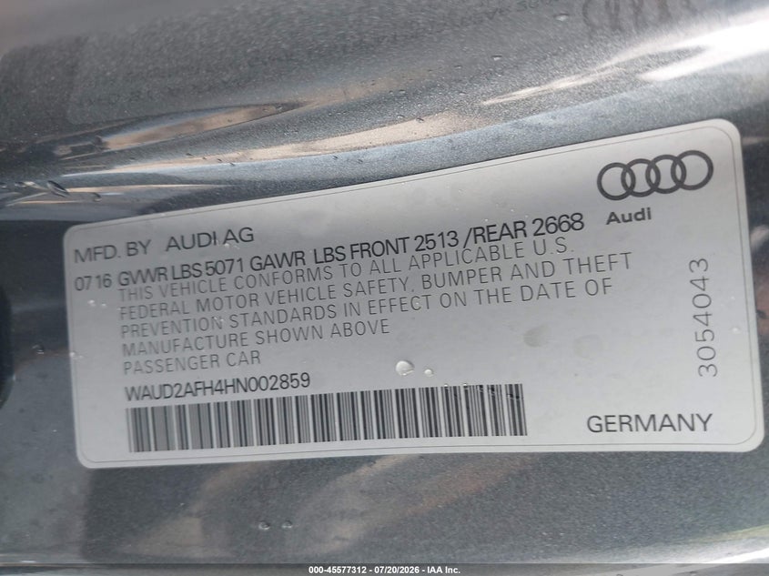2017 Audi A5 Cabriolet Sport VIN: WAUD2AFH4HN002859 Lot: 45577312
