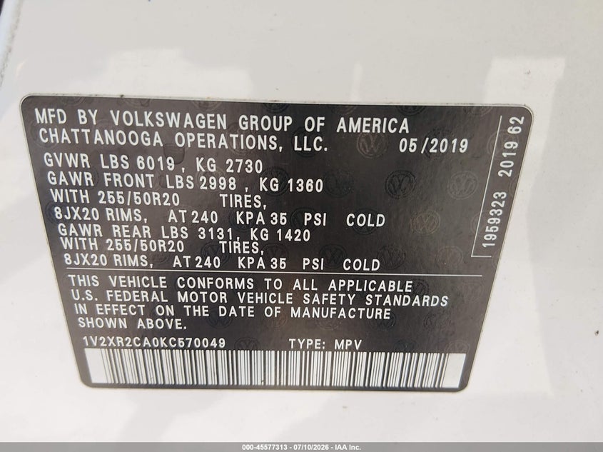 2019 Volkswagen Atlas 3.6L V6 Se W/Technology R-Line VIN: 1V2XR2CA0KC570049 Lot: 45577313