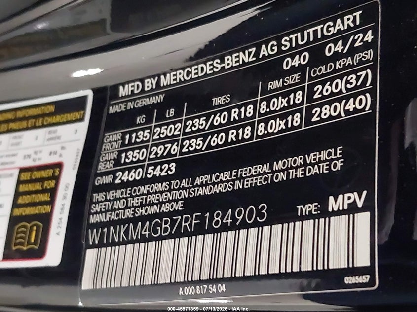 2024 Mercedes-Benz Glc 300 Suv VIN: W1NKM4GB7RF184903 Lot: 45577359