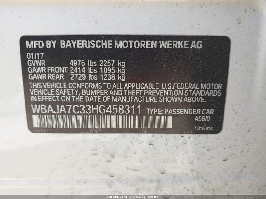 2017 BMW 530I xDrive VIN: WBAJA7C33HG458311 Lot: 45577374