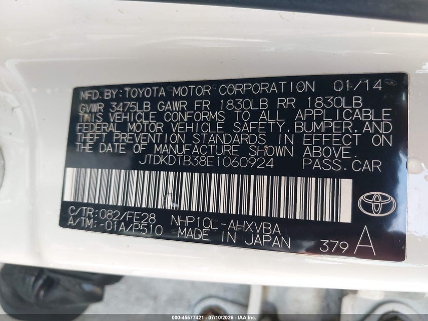 2014 Toyota Prius C One VIN: JTDKDTB38E1060924 Lot: 45577421