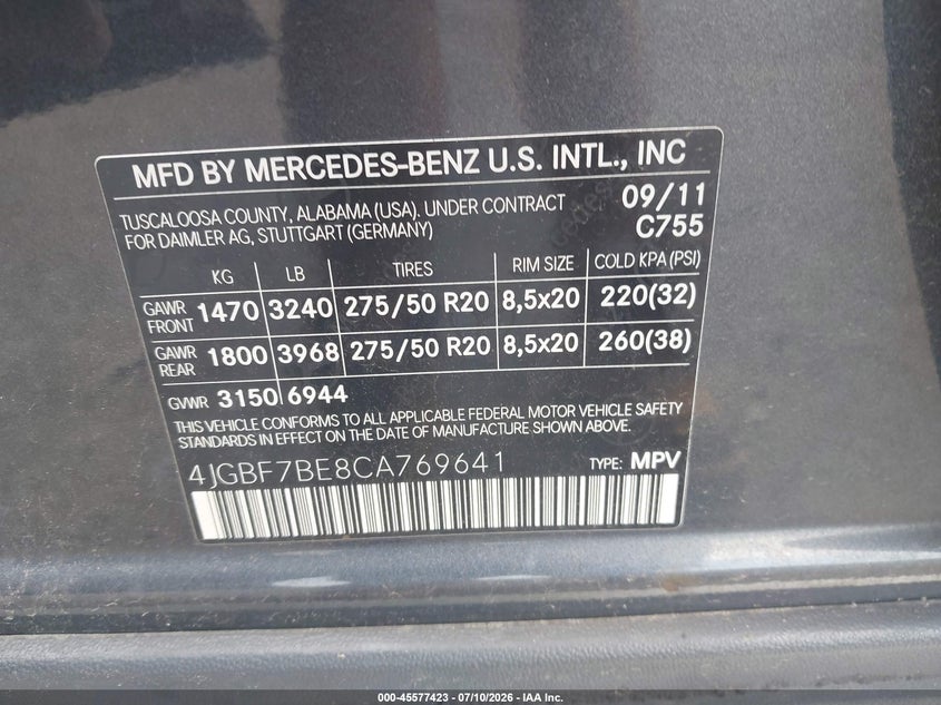 2012 Mercedes-Benz Gl 450 4Matic VIN: 4JGBF7BE8CA769641 Lot: 45577423