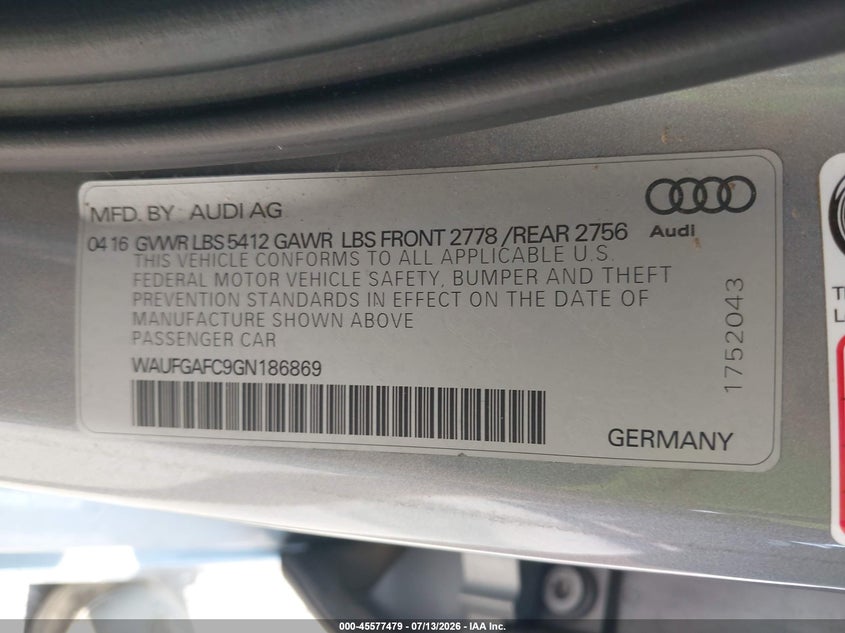 2016 Audi A6 3.0T Premium Plus VIN: WAUFGAFC9GN186869 Lot: 45577479