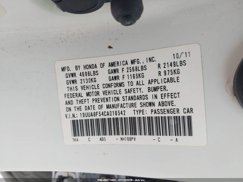 2012 Acura Tl 3.5 VIN: 19UUA8F54CA016542 Lot: 45577480