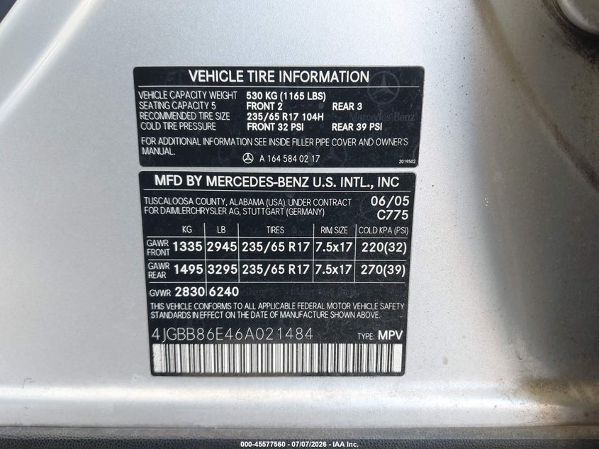 2006 Mercedes-Benz Ml 350 4Matic VIN: 4JGBB86E46A021484 Lot: 45577560