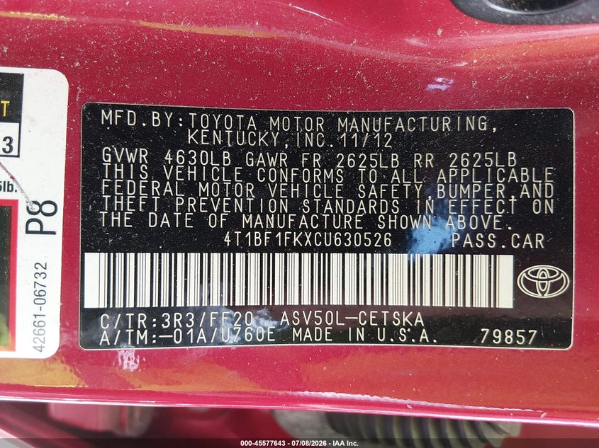 2012 TOYOTA CAMRY SEDAN 2.5L I-4 DOHC, VVT, 178HP