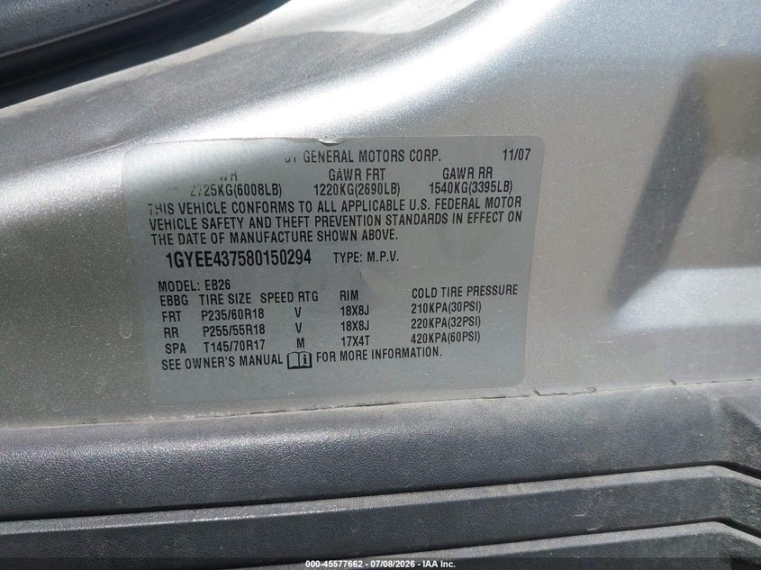 2008 Cadillac Srx V6 VIN: 1GYEE437580150294 Lot: 45577662
