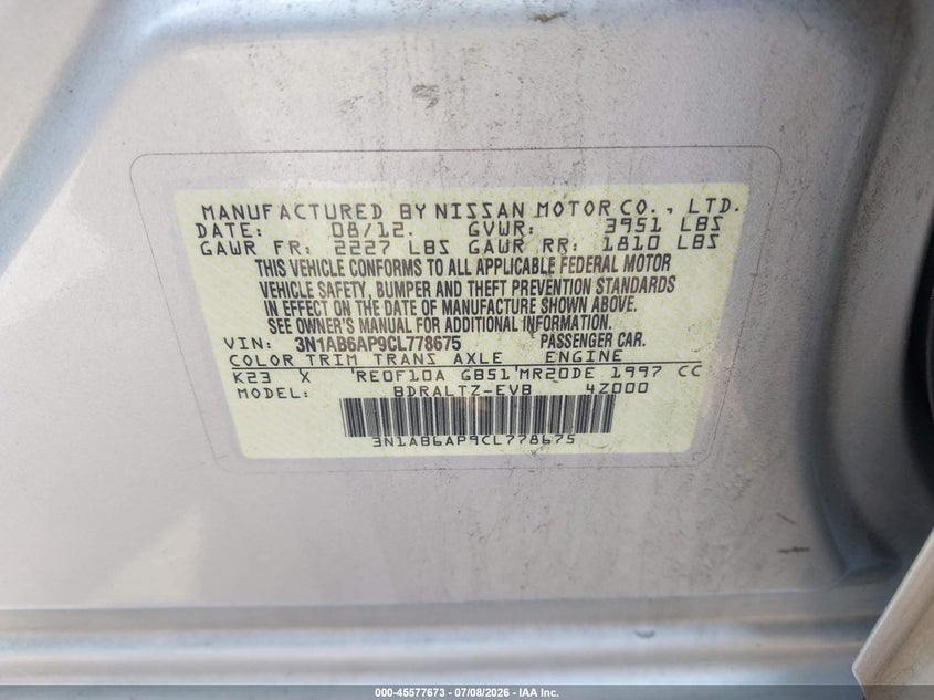 2012 NISSAN SENTRA SEDAN 2.0L I-4 DOHC, VVT, 140HP