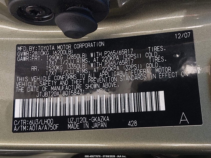 2008 Lexus Gx 470 VIN: JTJBT20X180158431 Lot: 45577676