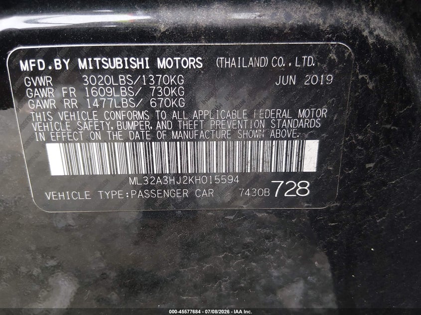 2019 Mitsubishi Mirage Es VIN: ML32A3HJ2KH015594 Lot: 45577684