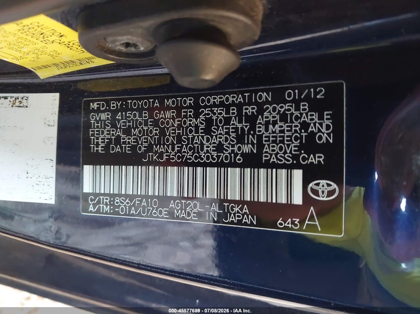 2012 Scion Tc VIN: JTKJF5C75C3037016 Lot: 45577689