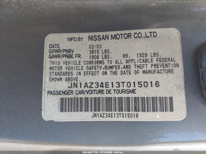 2003 Nissan 350Z Touring VIN: JN1AZ34E13T015016 Lot: 45577705