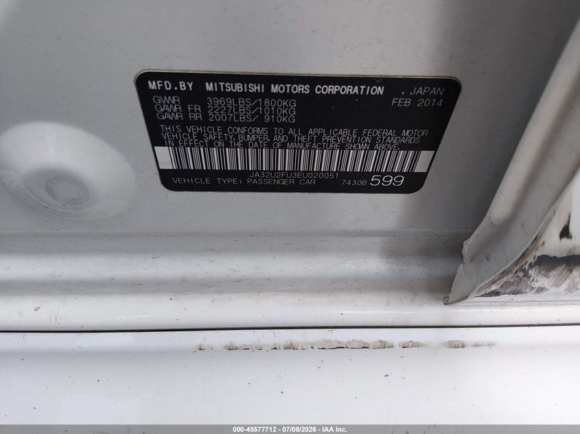 2014 Mitsubishi Lancer Es VIN: JA32U2FU3EU020051 Lot: 45577712