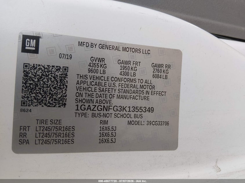 CHEVROLET EXPRESS 3500 2019 VIN 1GAZGNFG3K1355349